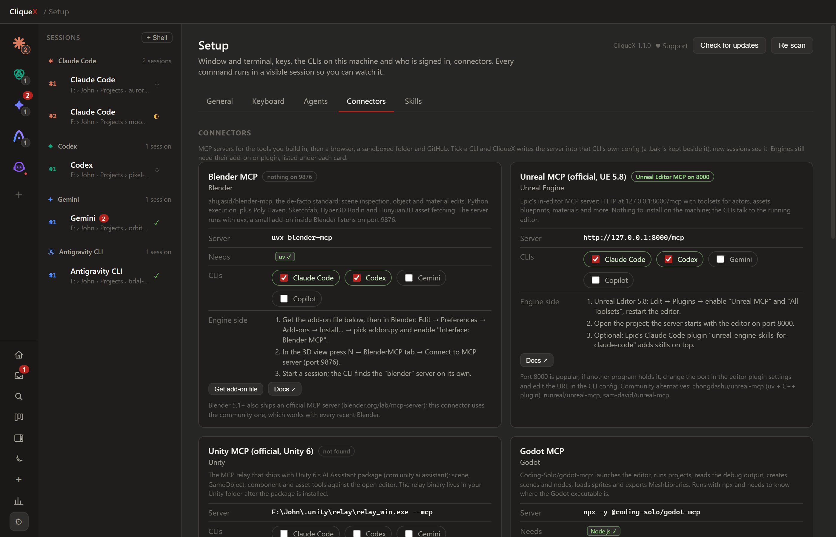 Connectors: Blender, Unreal, Unity and Godot, each with a live status and a tick box per CLI